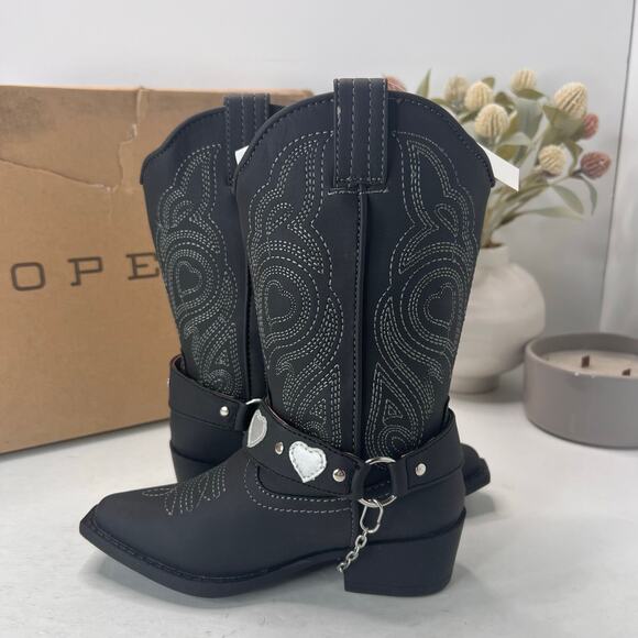 Roper Dale Faux Leather Snip Toe Heart Harness Western Boots Black Kids 10 NWB - Picture 6 of 11